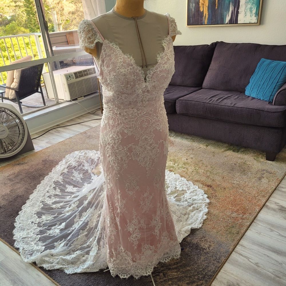 Wedding Dress Mermaid Blush with Beaded Lace See Through Train